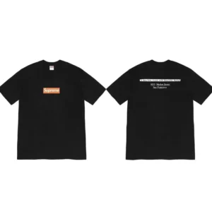 Supreme short-sleeved shirt with black background and orange label.