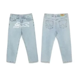 Cartoon-style light blue jeans with an BBC theme