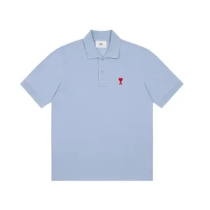 AMI Heart-Embroidered Blue Polo Shirt