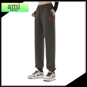 AMI Heart-Print Military Green Casual Trousers