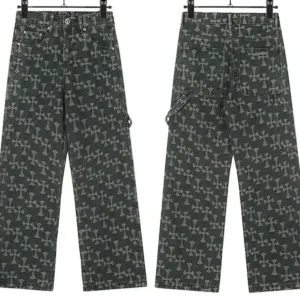 Chrome Heart Cross Pattern Wide-Leg Jeans