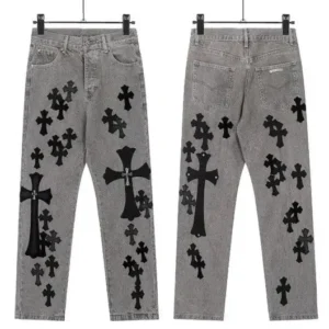 Chrome Hearts Cross-Patterned Trendy Grey Jeans