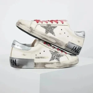 Golden Goose Dirty Star White Shoes with Silver Stars