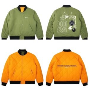 Stussy Double-Sided Trendy and Cool Olive Green and Orange Coat